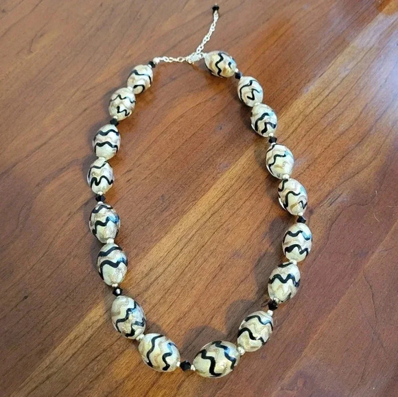Vintage 90s Venetian Murano Glass Design by FMC Gold and Black Beaded Necklace - Picture 1 of 5